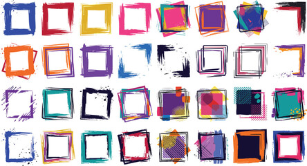 Fototapeta premium Grunge brush frame and colorful square border vector set with paint stroke splatter and abstract texture design elements
