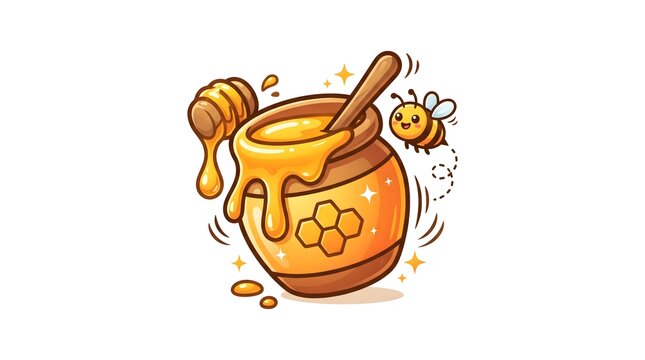 A delightful cartoon vector illustration of a ceramic honey pot overflowing with golden sticky honey, featuring a wooden dipper spoon and a cute little bumblebee flying happily next to it
