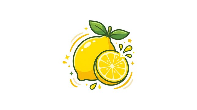 Fresh whole lemon and a half slice with green leaves, water splashes, and decorative elements, cartoon vector illustration isolated on a white background.