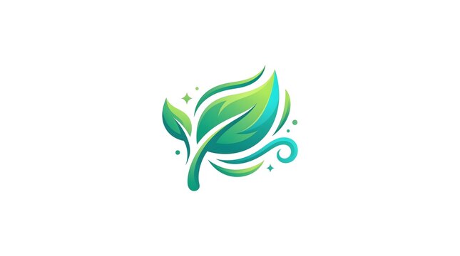 A stylized green leaf logo design with vibrant gradients, sparkles, and flowing swirl elements, representing nature, organic products