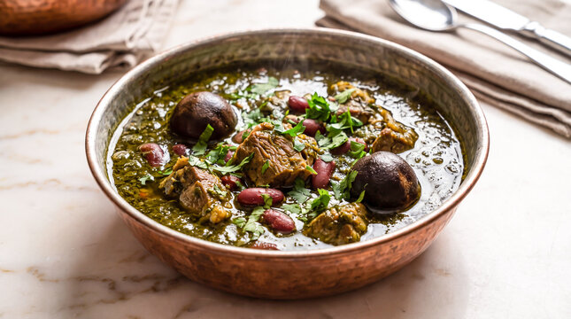 Traditional persian ghormeh sabzi herb stew with kidney beans and