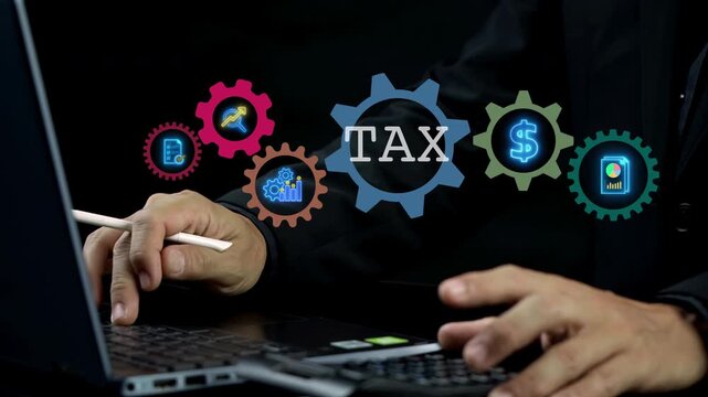 Hands typing on laptop keyboard below glowing corporate tax gears and accounting finance icons. Business taxation audit calculation, fiscal revenue compliance, and corporate business finance idea.