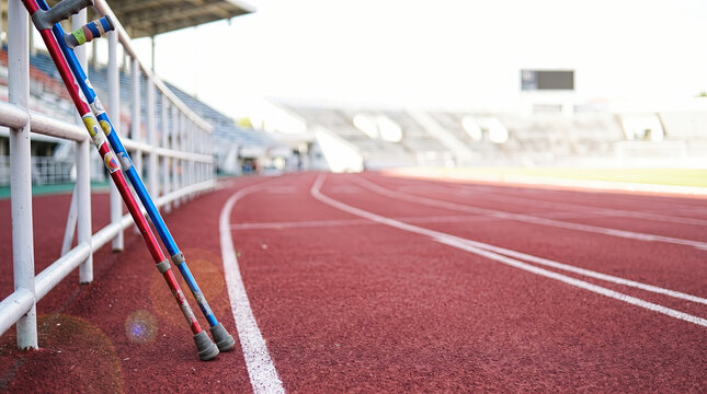 Crutches Resting Beside Running Track Symbolizing Recovery and Return to Sport