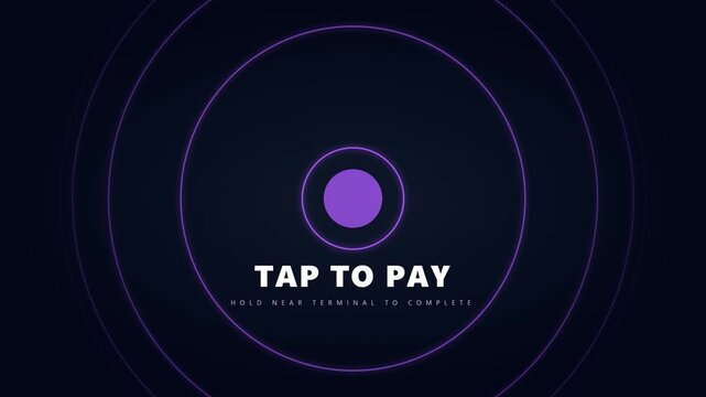 Contactless payment animation with tap to pay text on dark background