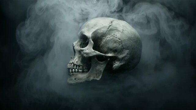 Close-up of a weathered human skull floating through dense swirling black smoke, hollow eye sockets emerging from eerie fog against a dark background, Halloween horror, death symbolism, supernatural a