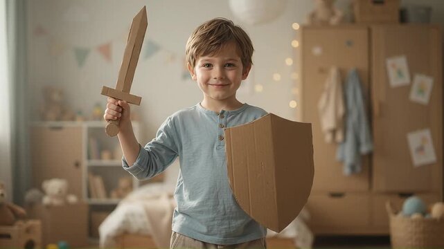 Young boy playing knight with cardboard sword and shield in bedroom