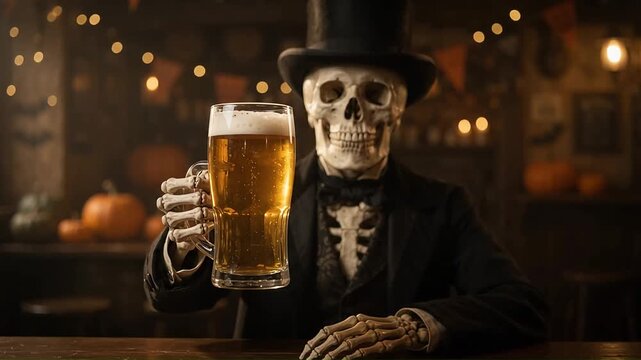 Skeleton in top hat raising a beer mug to toast in tavern