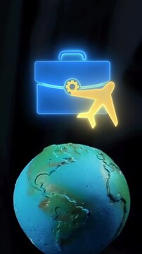 Hand holding planet globe vertical shot below glowing flight airplane and briefcase luggage icons. Global business travel logistics, international commercial trade, and corporate network concept.