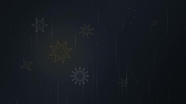 Minimalist modern 4K loop of vertical kinetic streaks and morphing matte gold polygonal star constellation with ample right copy space.