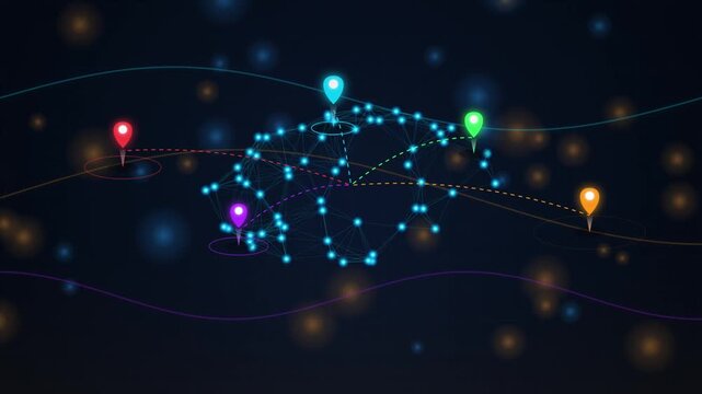 Futuristic technology global network connection map with glowing colorful location pin pointers