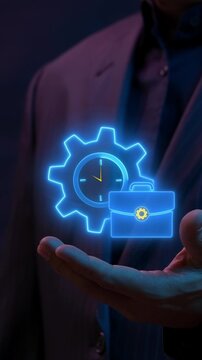 Businessman palm holding glowing clock gear and briefcase vertical shot for time management. Corporate schedule punctuality, productivity workflow optimization, and work efficiency system concept.