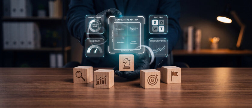 Business strategist analyzing competitive matrix data using wooden blocks with strategic icons in modern office environment