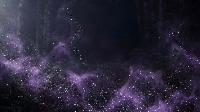 Mystical forest ground covered in glowing purple fog and sparkling magical particles at night.