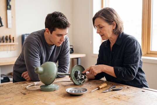 Repair Cafe Volunteers Fixing a Lamp. Sustainable repair workshop