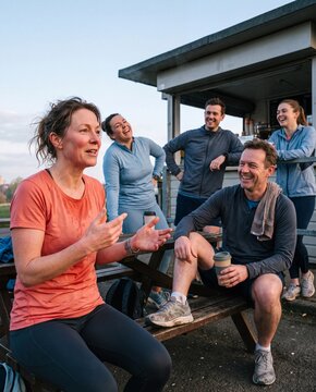 Running Club Friends Chatting after Workout. Outdoor social fitness