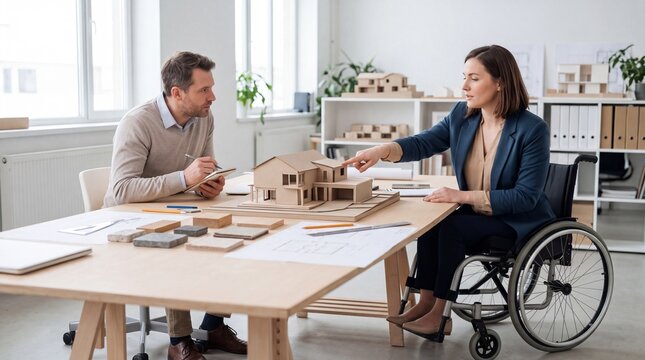Architects Reviewing House Model in Bright Office. Inclusive teamwork