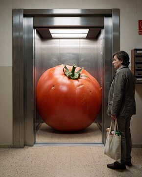 Giant Tomato Inside Elevator. Surreal oversized vegetable scene