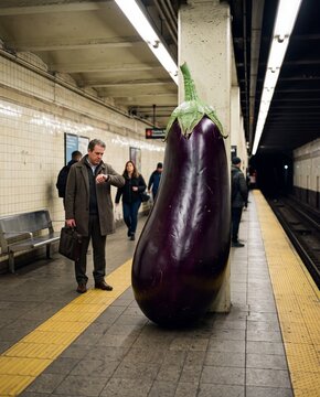 Giant Eggplant on Subway Platform. Surreal commuter scene