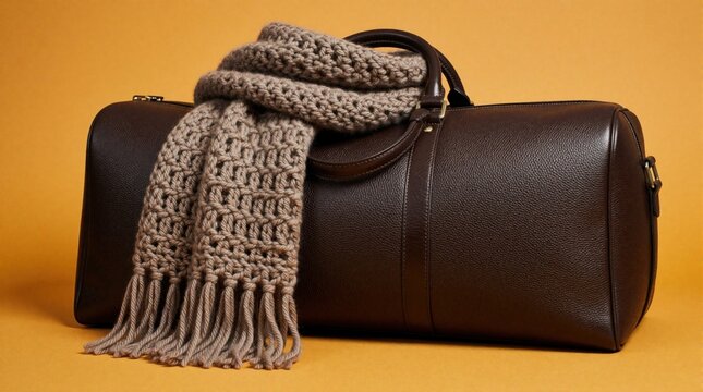 Dark brown leather travel bag with soft beige crocheted scarf on yellow background. Stylish duffel bag rests on solid pastel surface. Elegant luggage accessory for weekend trip getaway. Luxury
