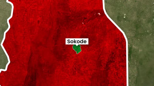 Sokode city highlighted on map of Togo satellite footage