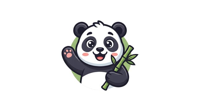 An adorable and cheerful baby panda character smiling, waving its paw, and holding a green bamboo stalk against a circular background.