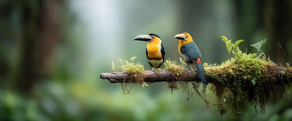 Fototapeta premium Two colorful toucans perched on a mossy branch in a lush, foggy forest
