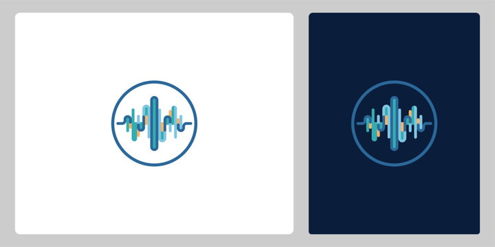Audio wave logo design with vibrant colors and sound equalizer bars within a circle