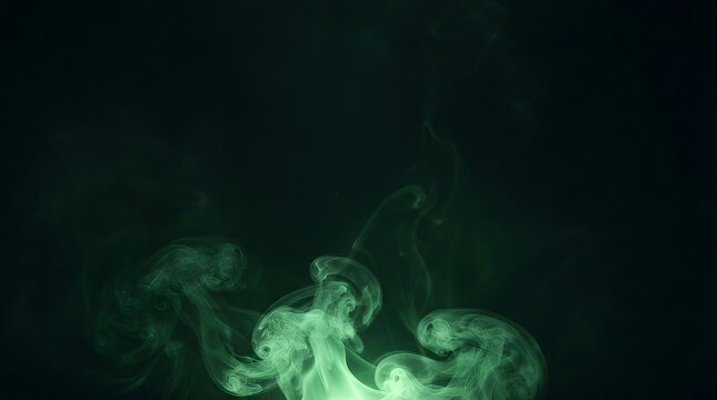 Elegant curls of glowing green smoke rising slowly in complete darkness creating mystery.