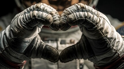 Fototapeta premium Closeup of astronaut hands in white space suit gloves forming heart shape. Spaceman fingers gesture love, hope in dark cosmos. Symbol of humanity, passion, connection during space mission science