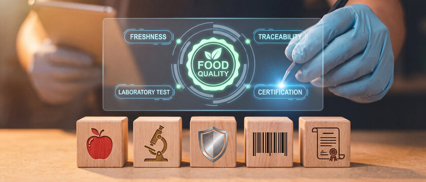 Food quality control system dashboard operated by laboratory technician using digital tablet with wooden blocks showing icons