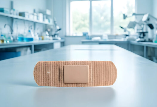 Healthcare recovery and medical treatment, adhesive bandage on a laboratory table for wound care and clinical research in a modern science facility