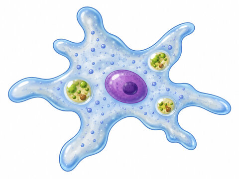 Amoeba cell structure with pseudopods, nucleus and food vacuoles