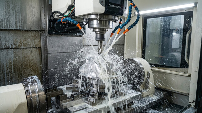 5-axis cnc machine milling aluminum impeller with high pressure coolant spray