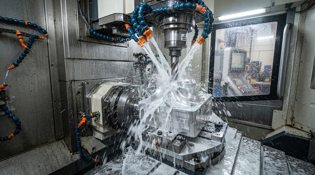 5-axis cnc machine milling aluminum impeller with high pressure coolant spray