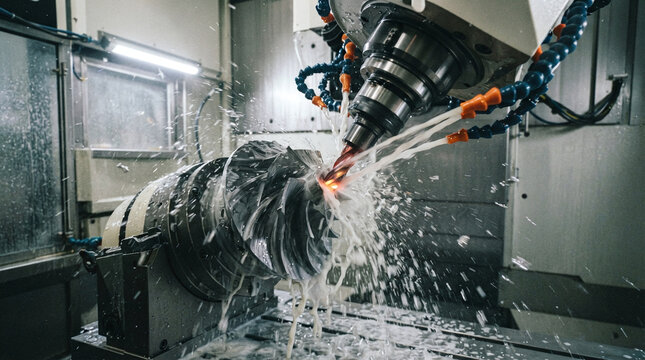 5-axis cnc machine milling aluminum impeller with high pressure coolant spray