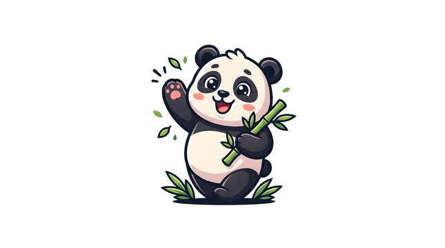 An adorable cartoon panda illustration waving hello while happily holding a green bamboo stick, isolated on a white background