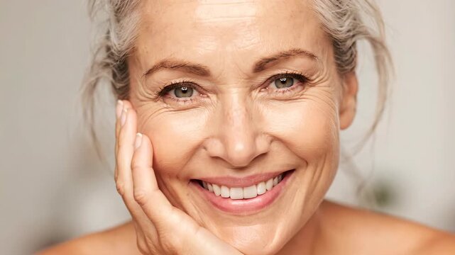 Close up portrait of a smiling senior woman touching her cheek, showing gray hair, natural skin texture, facial wrinkles, bright eyes and bare shoulders against a soft neutral background
