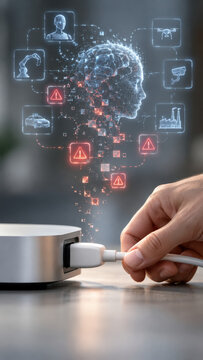 AI risk warning depicts digital human profile connected to charging cable with safety alerts, conveying concern about emerging technology threats