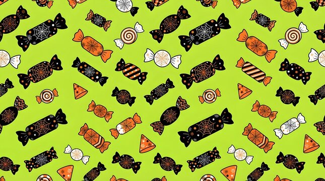 Seamless halloween candy pattern with spider webs on light green for party invitation background.