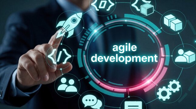 Businessman uses digital interface to manage agile development process. Tech icons for software coding, rocket launch, team collaboration, gear settings float in circular HUD. Project manager