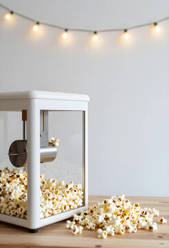 Entertainment and cinema experience, popcorn machine with fresh snack on wooden table with warm string lights for movie night and home party atmosphere