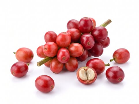 Fresh red coffee beans on branch with a cut bean showing seeds isolated on a white background, representing agriculture and harvesting process