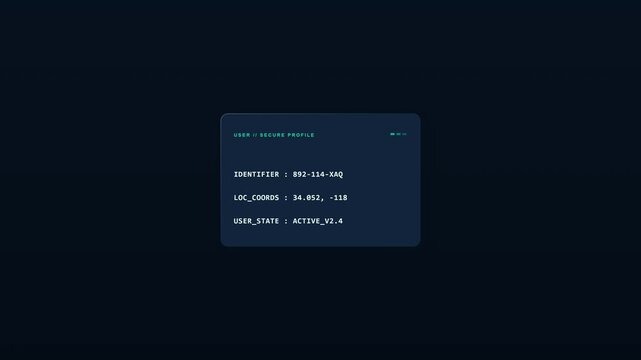 Minimal motion graphic showing personal data transforming into encrypted information and returning to its readable state, representing data privacy, e.
