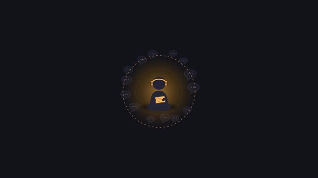 Motion graphic featuring a prominently enlarged introvert character with headphones creating a glowing personal space shield that pushes away noisy so.