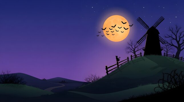 Silhouette windmill landscape under full moon with bats for spooky halloween celebration design.