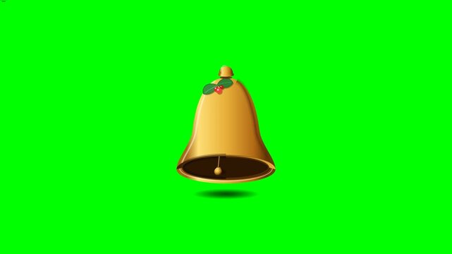 Seamless looping animation of a shiny golden Christmas bell swinging with pendulum physics. Features festive holly leaves red berries and realistic drop shadows isolated on a greenscreen background.