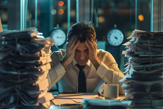 An exhausted businessman, swamped with paperwork and staying late at the office, is an image that represents workplace stress, burnout, overwork, and excessive workload.