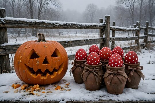 Carved Halloween pumpkin jack-o'-lantern and red polka dot eggs in clay pots on a snowy rustic wooden table outdoors in winter