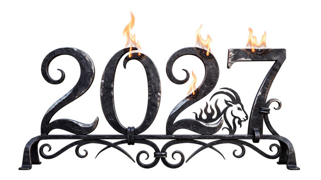 Forged metal 2027 numbers with flames isolated PNG
