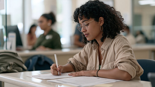 Brazilian college student signing student loan promissory note at credit union counter, backpack on floor, education financing forms stamped and notarized, anxious expression,